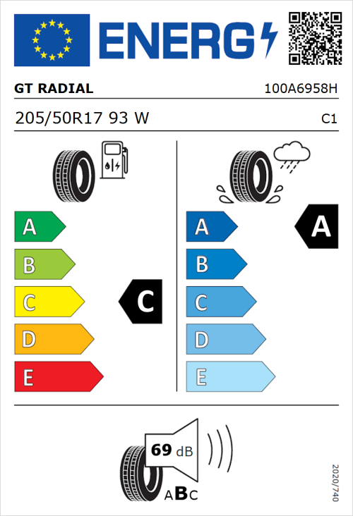 Tyre Label for GT Radial FE2 Evo 205/50R17 93W