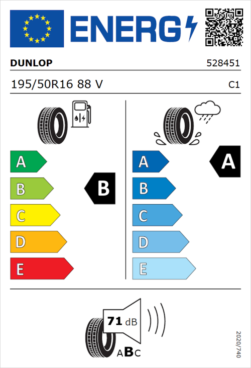 Tyre Label for Dunlop Sport BluResponse 195/50R16 88V